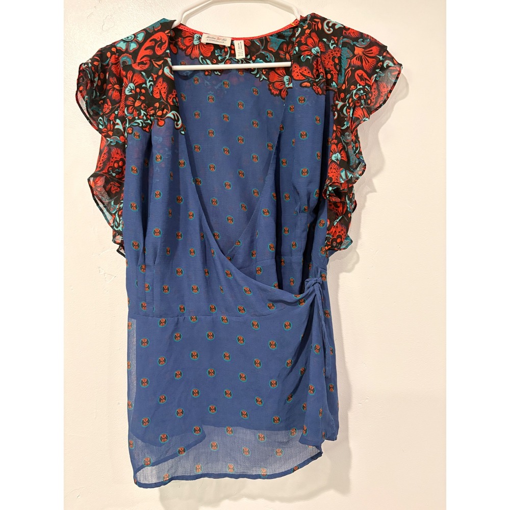 Meadow Rue Anthropologie Blue Floral Geometric Wrap Top Flutter Sleeve Size 12